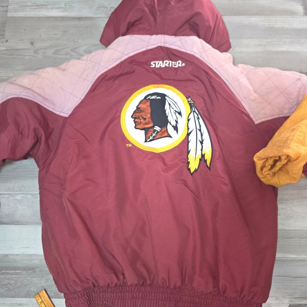 Vtg Starter Washington Redskins Hooded Puffer Jacket Burgundy Gold 90s XL - Picture 13 of 15